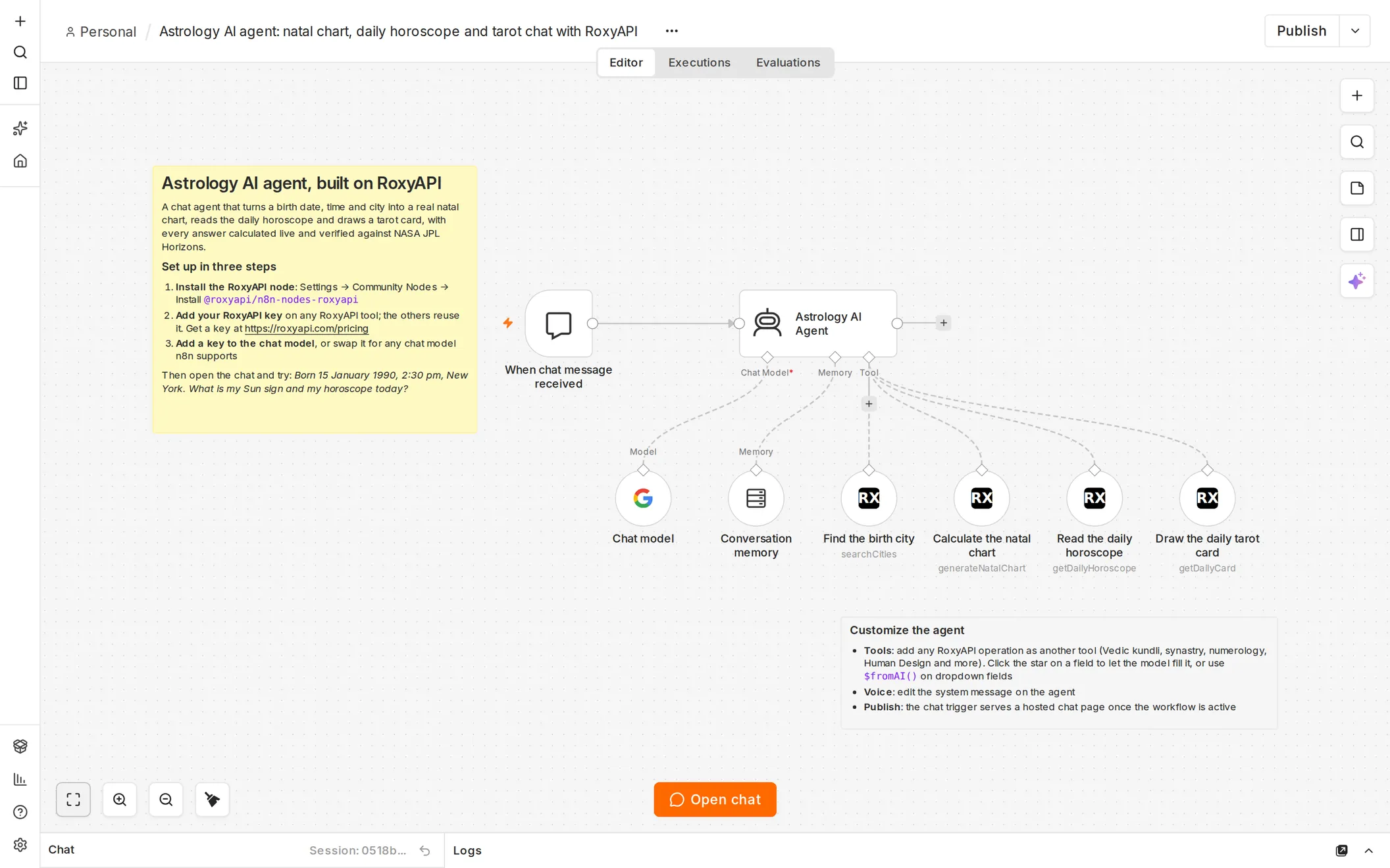 The n8n astrology AI agent template: a chat trigger into an AI Agent with a chat model, conversation memory and four RoxyAPI tools for city search, natal chart, daily horoscope and tarot