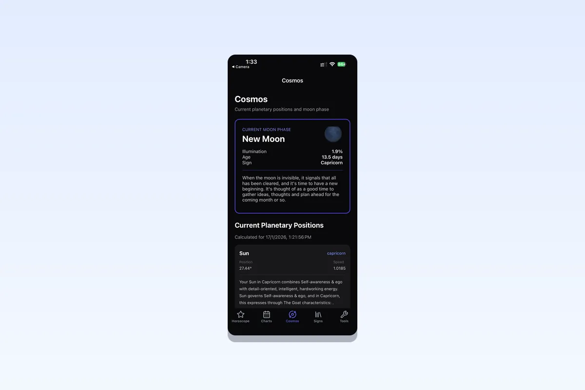 Western astrology template with natal birth chart, zodiac compatibility, daily horoscope, and planet transit tracking for iOS and Android