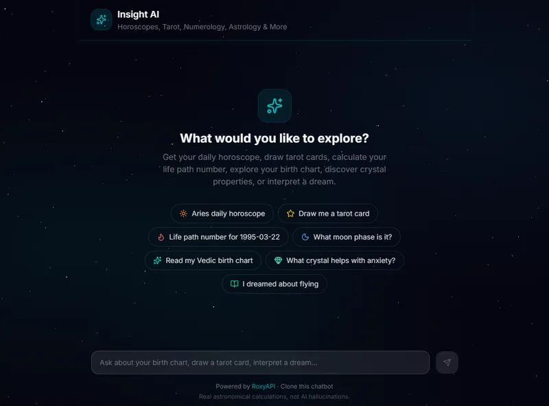 AI astrology chatbot template with MCP integration, horoscope, tarot, numerology, birth chart, and Vedic astrology powered by RoxyAPI