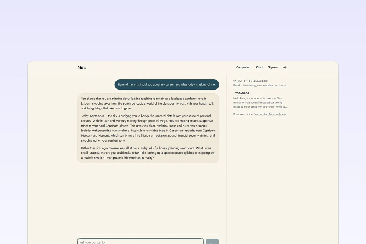 AI spiritual companion template that remembers every user with pgvector semantic recall, full reading history, Supabase auth, and astrology and tarot readings powered by RoxyAPI