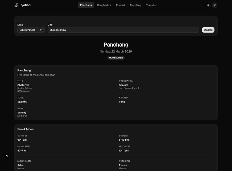 Vedic astrology kundli template with birth chart, Panchang, Gun Milan matching, Vimshottari Dasha, dosha analysis, and Choghadiya powered by RoxyAPI