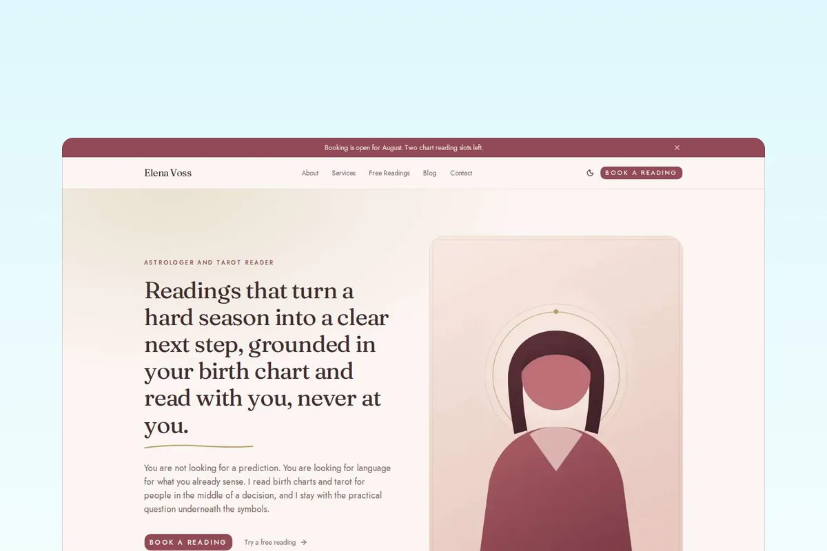 Practitioner website template with booking, services and prices, blog, and free birth chart, human design, tarot, and numerology readings powered by RoxyAPI