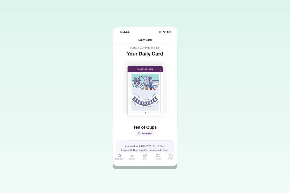 Tarot card reading template with Celtic Cross spread, three-card reading, daily tarot pull, and yes or no oracle for iOS and Android
