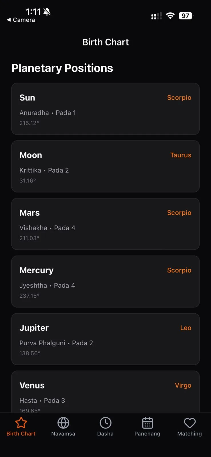 Vedic astrology kundli mobile template with birth chart, Vimshottari Dasha, Gun Milan matching, Manglik dosha, and KP horoscope for iOS and Android