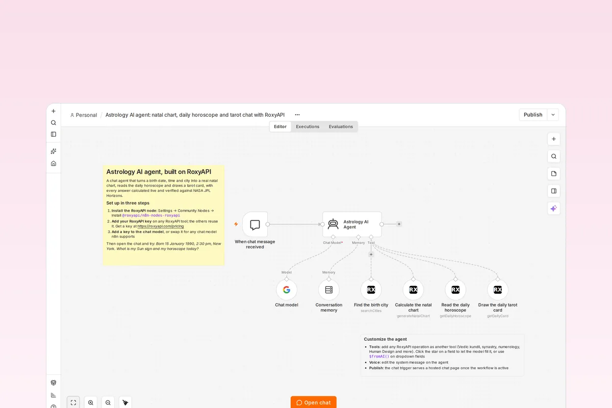 n8n astrology AI agent workflow with a chat trigger, an AI Agent, memory and RoxyAPI tools for city search, natal chart, daily horoscope and tarot