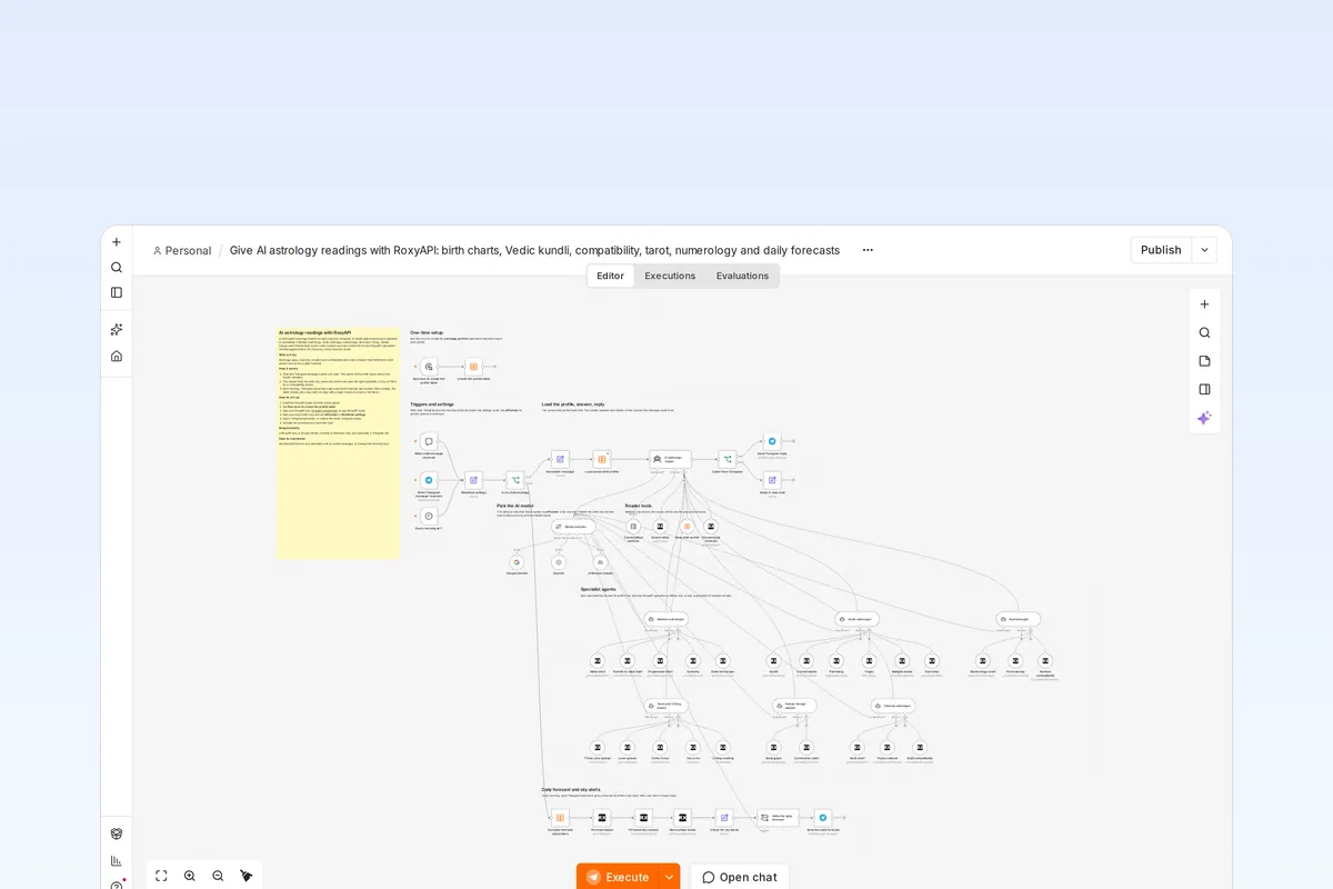 n8n AI astrology chatbot workflow: chat and Telegram triggers, a reader agent with a model selector, specialist agents with RoxyAPI tools and a daily forecast branch
