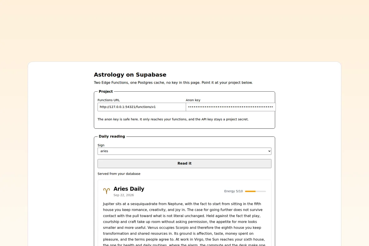 Supabase backend template serving astrology readings from Edge Functions with a Postgres cache and row level security, powered by RoxyAPI