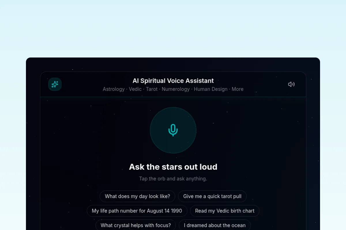 AI spiritual voice assistant template with embeddable voice widget for astrology, Vedic, human design, and forecast readings powered by RoxyAPI